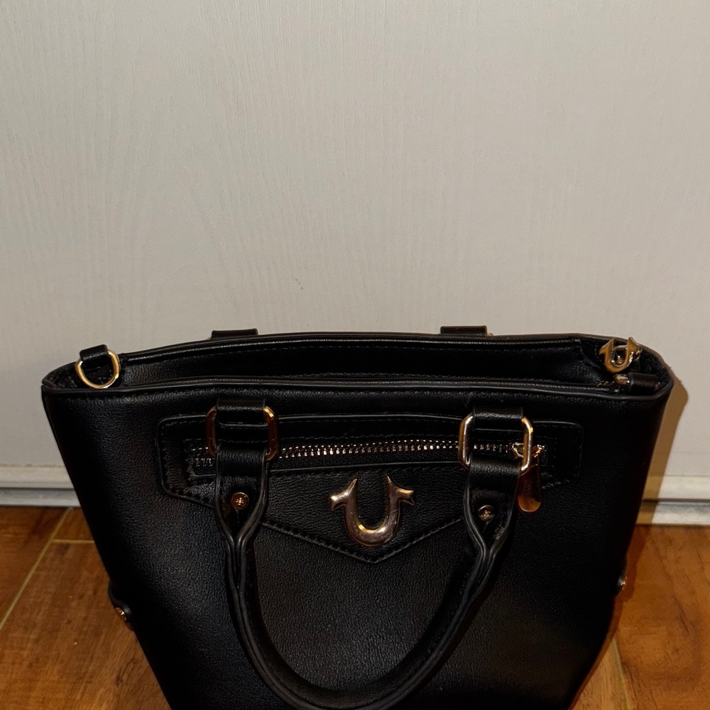 True Religion Small Black Leather Tote with Gold Hardware
